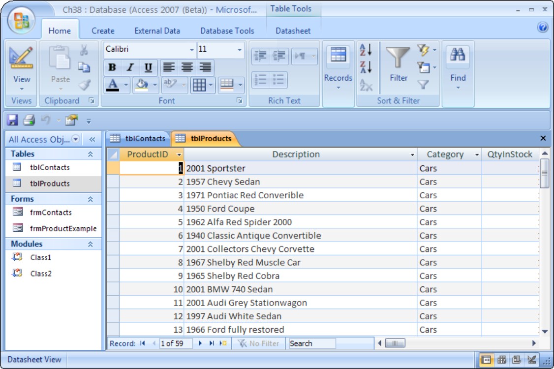 A database repository stores fields into records and into tables.